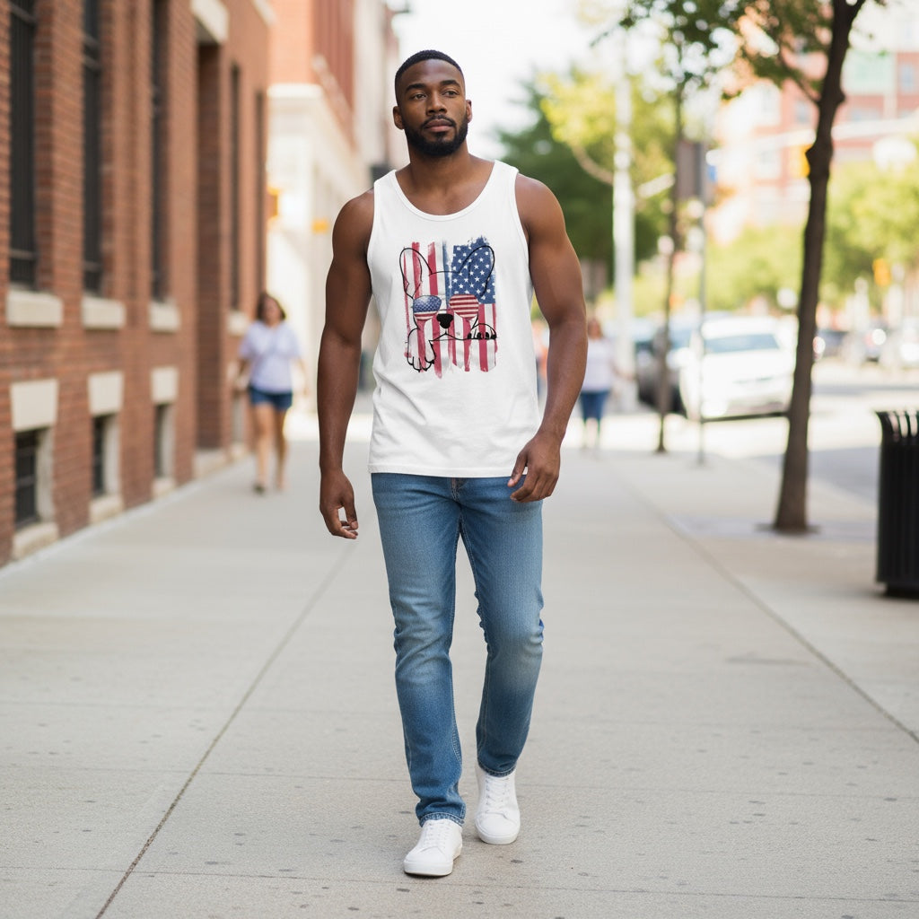 French Bulldog Men’s Tank Top – American Flag Aviator Sunglasses Design | Patriotic Frenchie Dad Shirt | 4th of July Muscle Tank | USA Dog Lover Gift
