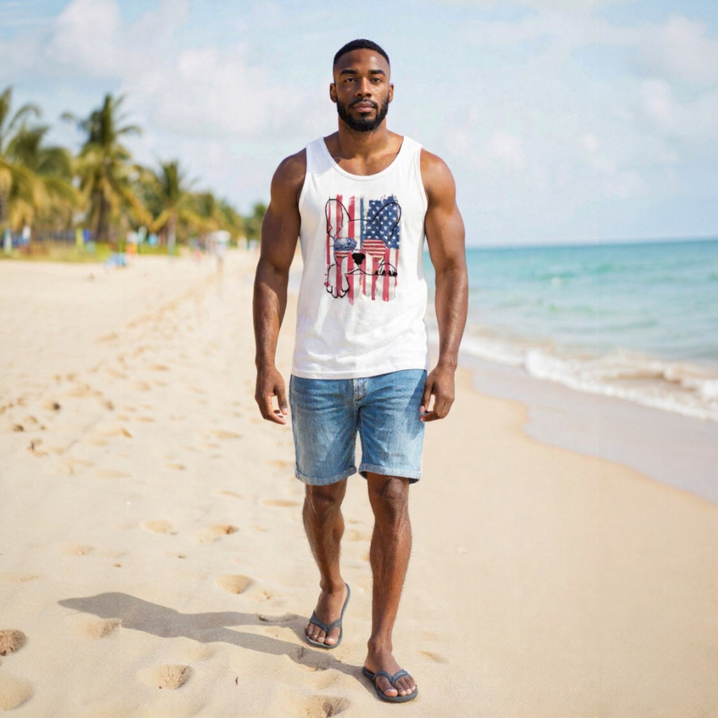French Bulldog Men’s Tank Top – American Flag Aviator Sunglasses Design | Patriotic Frenchie Dad Shirt | 4th of July Muscle Tank | USA Dog Lover Gift