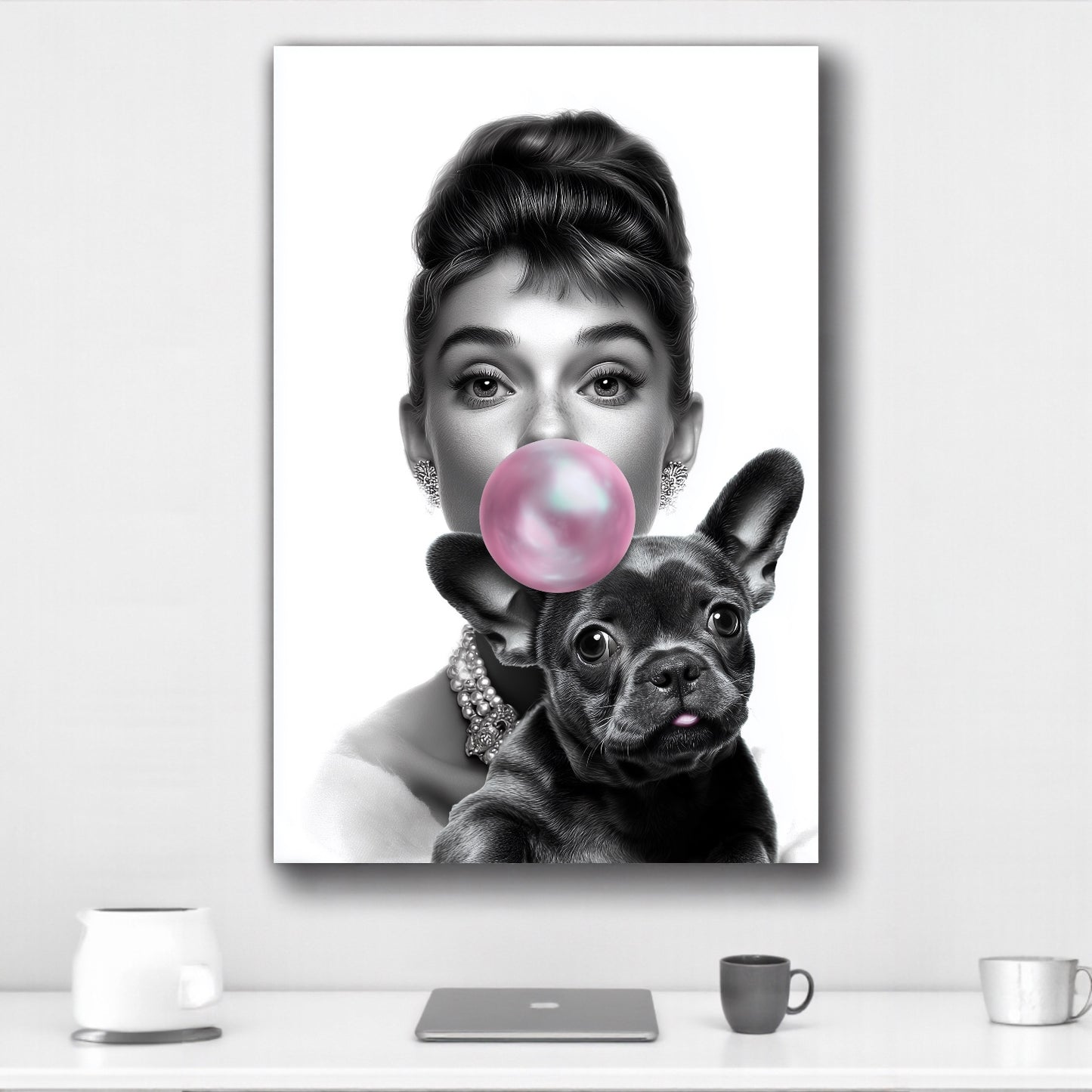 French Bulldog Wall Art A1 A2 | Bubblegum Frenchie Poster | Modern Glam Dog Print | Frenchie Mom Gift | Black & White Fashion Deco
