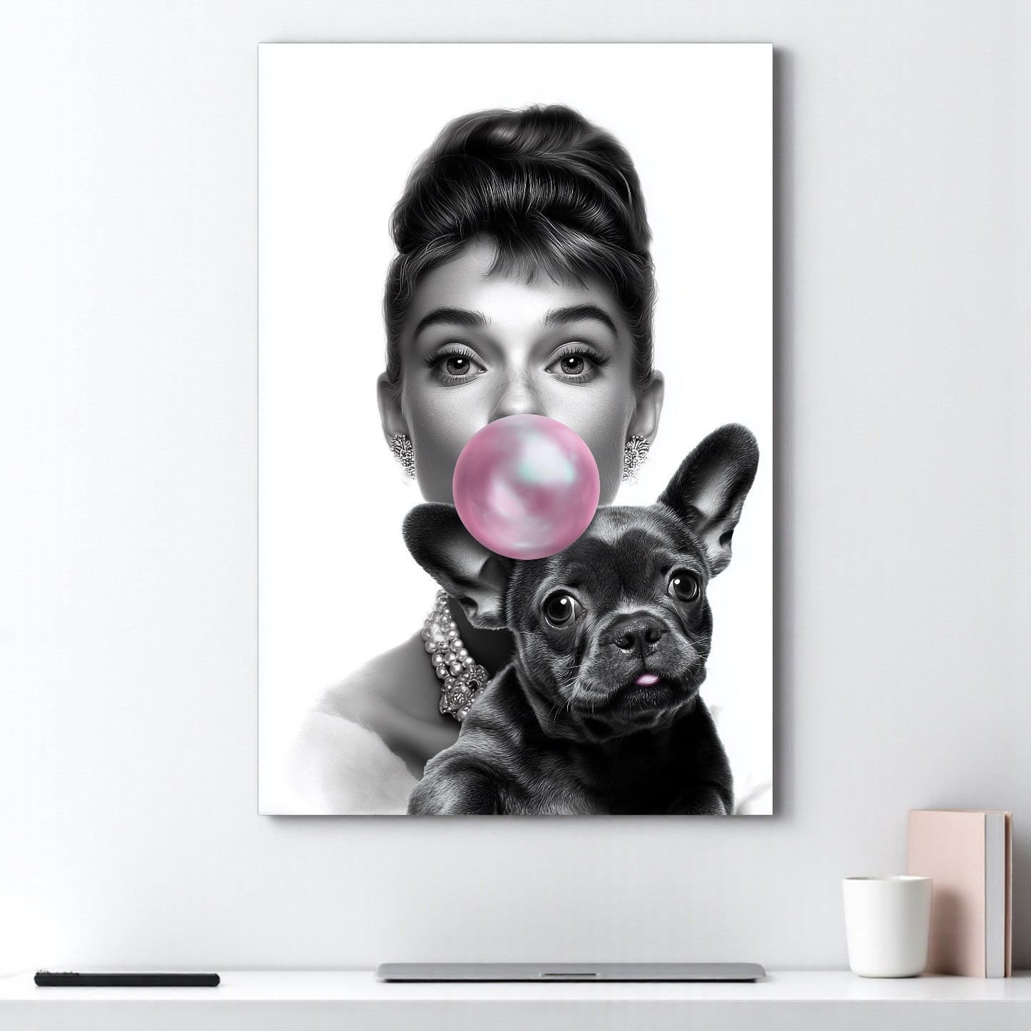 French Bulldog Wall Art A1 A2 | Bubblegum Frenchie Poster | Modern Glam Dog Print | Frenchie Mom Gift | Black & White Fashion Deco