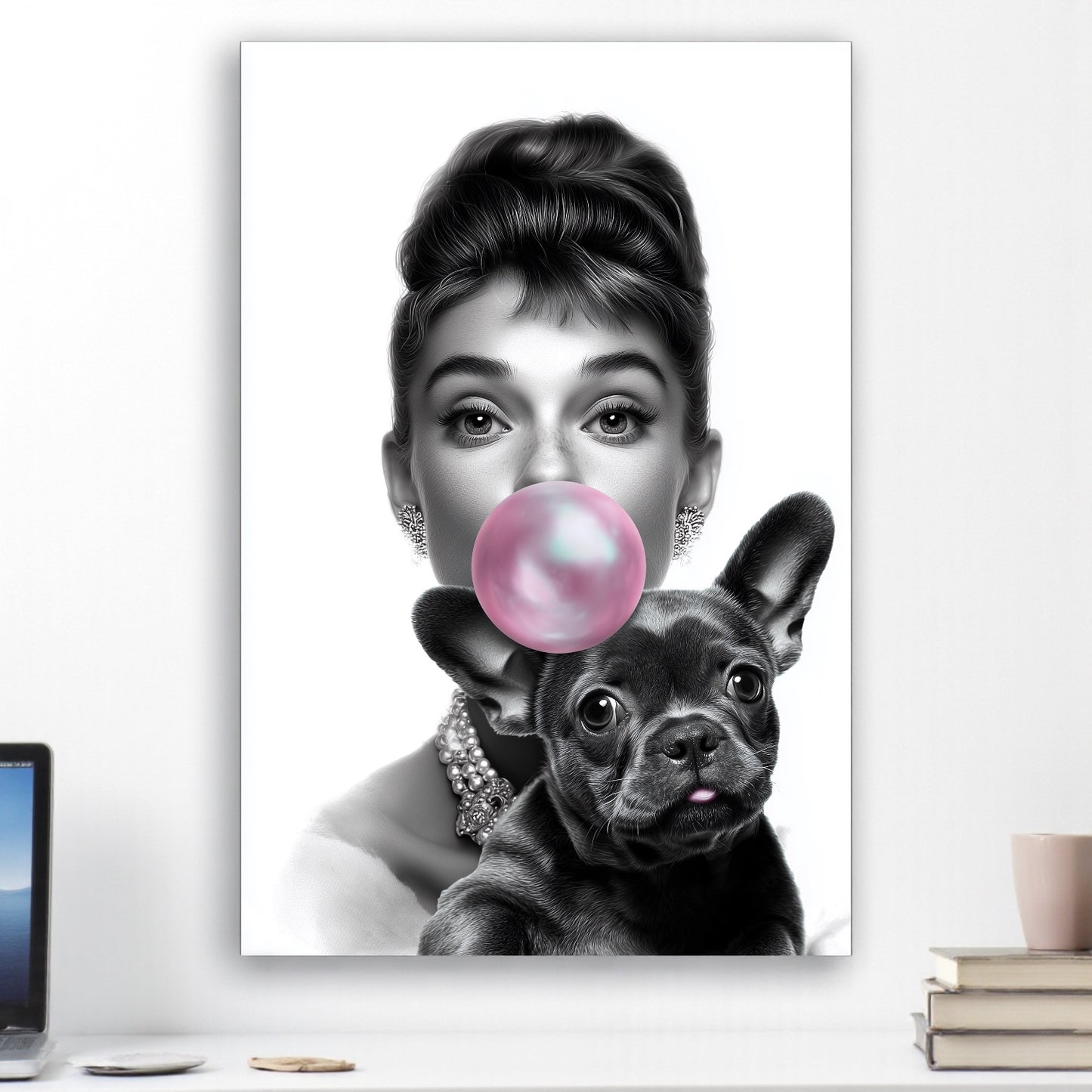 French Bulldog Wall Art A1 A2 | Bubblegum Frenchie Poster | Modern Glam Dog Print | Frenchie Mom Gift | Black & White Fashion Deco
