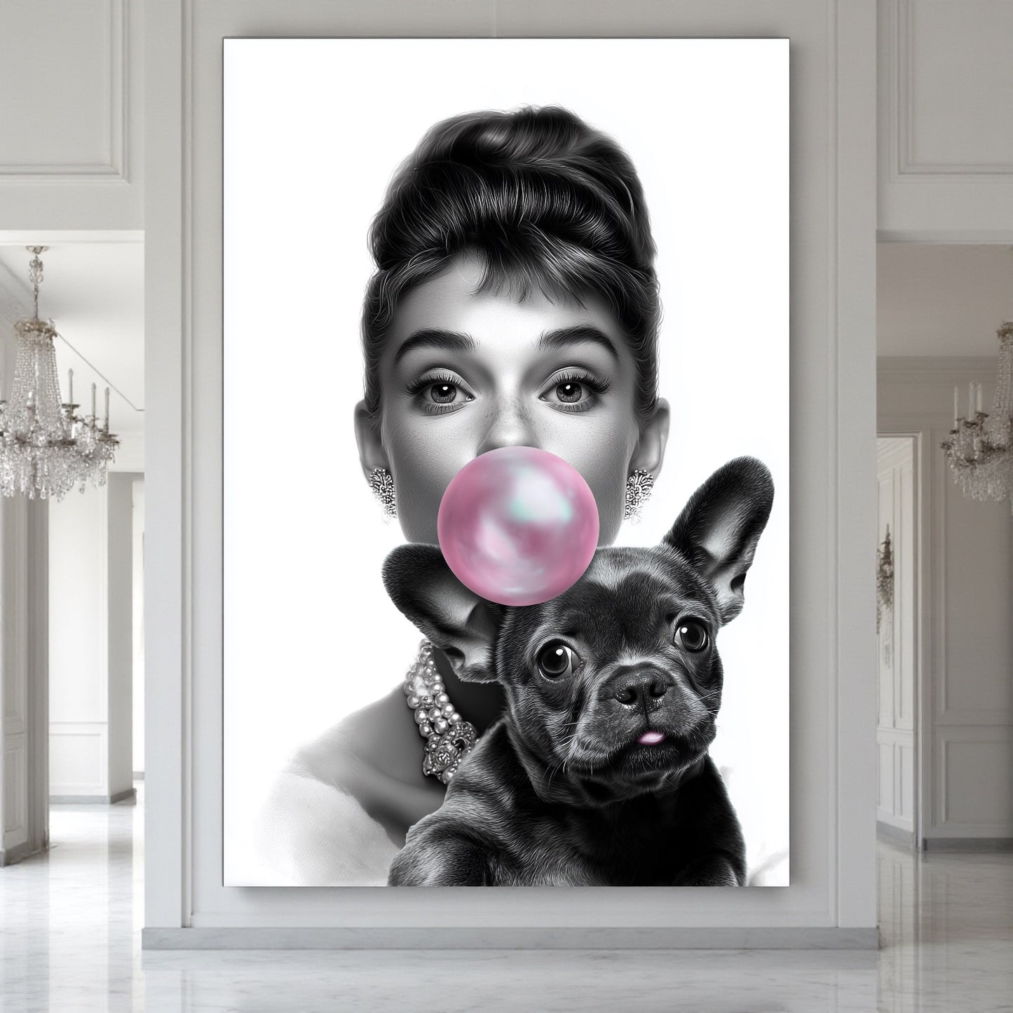 French Bulldog Wall Art A1 A2 | Bubblegum Frenchie Poster | Modern Glam Dog Print | Frenchie Mom Gift | Black & White Fashion Deco