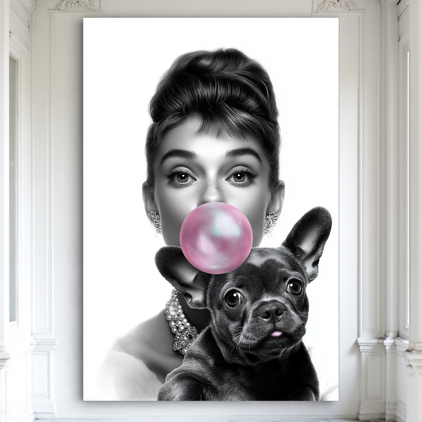 French Bulldog Wall Art A1 A2 | Bubblegum Frenchie Poster | Modern Glam Dog Print | Frenchie Mom Gift | Black & White Fashion Deco