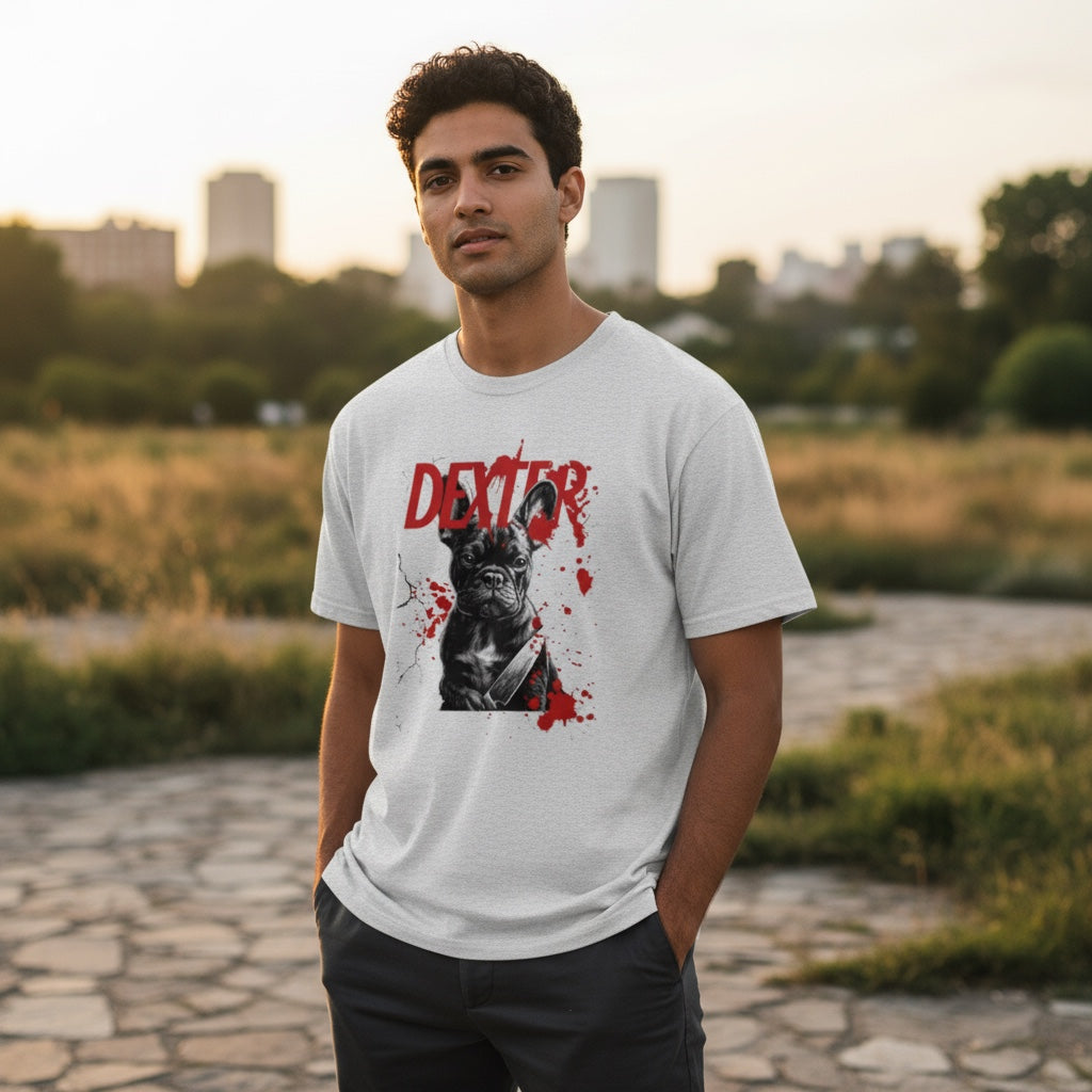 Dexter French Bulldog T-Shirt | Funny Dark Humor Dog Shirt | Frenchie Lover Unisex Tee | Killer Cute Gift for Pet Owners | Halloween Dog Shirt