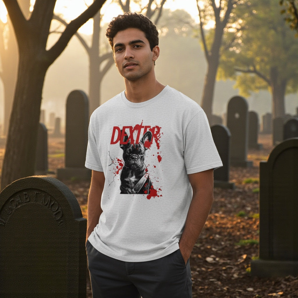 Dexter French Bulldog T-Shirt | Funny Dark Humor Dog Shirt | Frenchie Lover Unisex Tee | Killer Cute Gift for Pet Owners | Halloween Dog Shirt