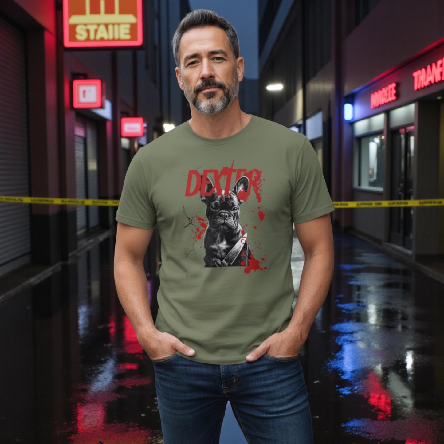 Dexter French Bulldog T-Shirt | Funny Dark Humor Dog Shirt | Frenchie Lover Unisex Tee | Killer Cute Gift for Pet Owners | Halloween Dog Shirt
