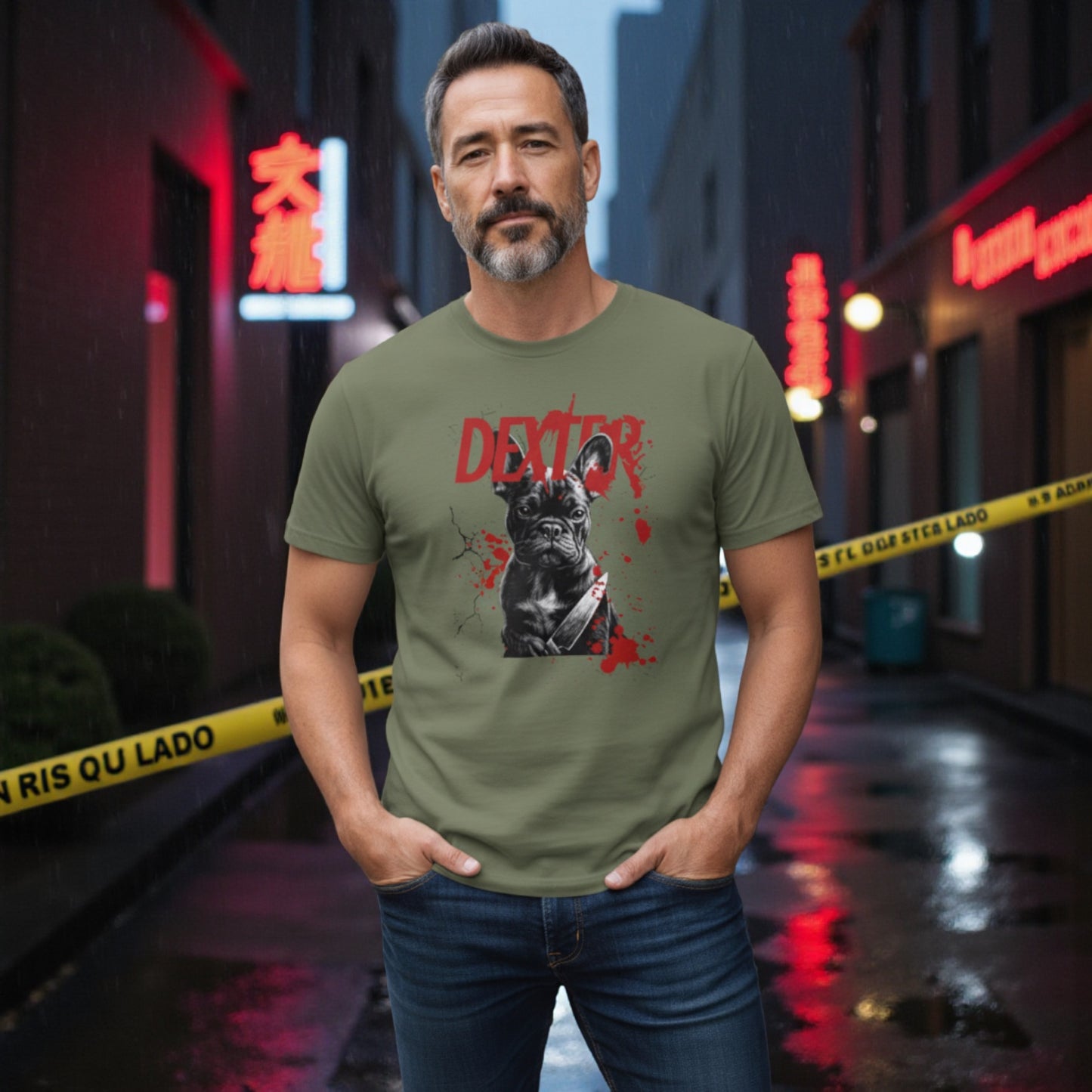 Dexter French Bulldog T-Shirt | Funny Dark Humor Dog Shirt | Frenchie Lover Unisex Tee | Killer Cute Gift for Pet Owners | Halloween Dog Shirt