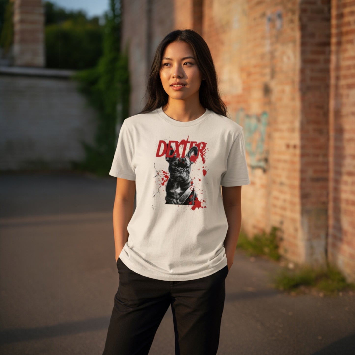 Dexter French Bulldog T-Shirt | Funny Dark Humor Dog Shirt | Frenchie Lover Unisex Tee | Killer Cute Gift for Pet Owners | Halloween Dog Shirt