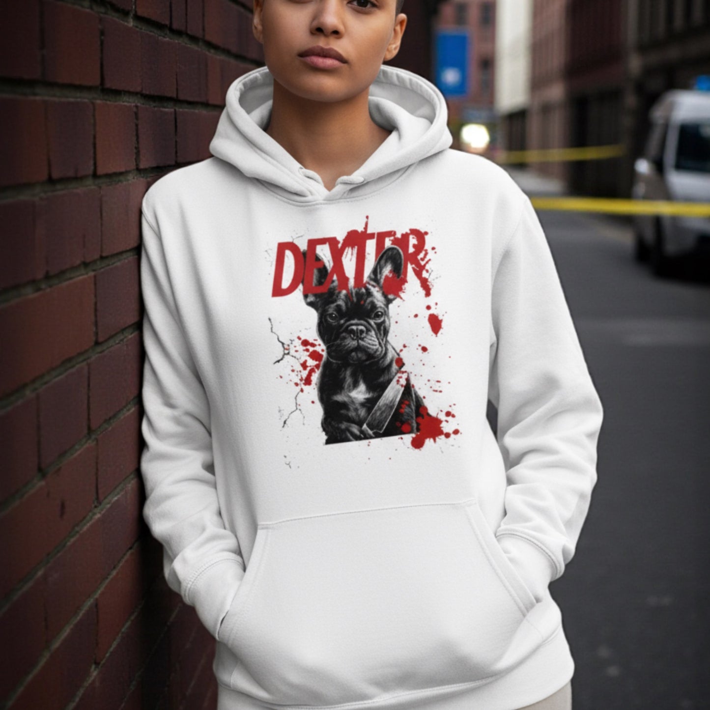 Dexter French Bulldog Hoodie | Funny Dark Humor Dog Hoodie | Frenchie Lover Unisex Sweatshirt | Killer Cute Gift for Pet Owners | Halloween Dog Hoodie
