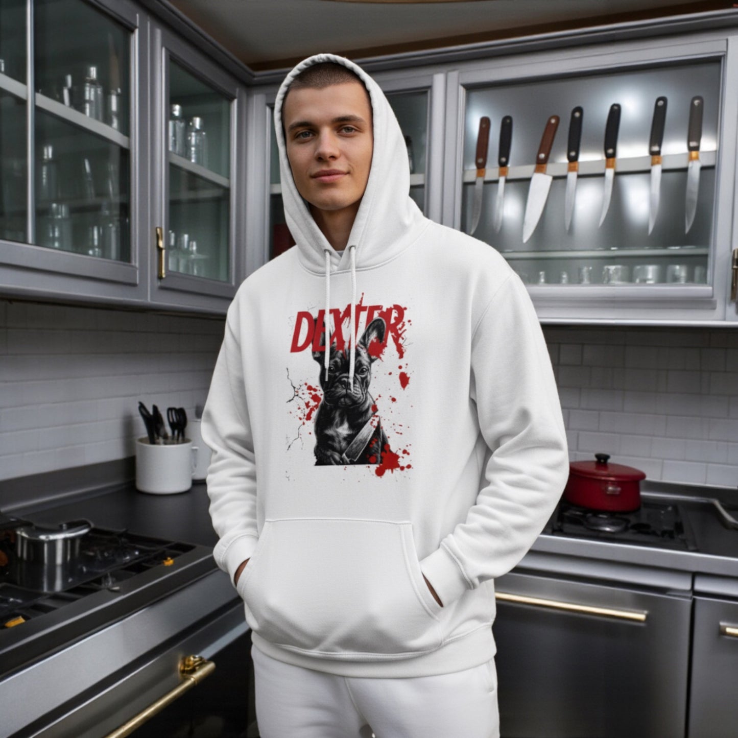 Dexter French Bulldog Hoodie | Funny Dark Humor Dog Hoodie | Frenchie Lover Unisex Sweatshirt | Killer Cute Gift for Pet Owners | Halloween Dog Hoodie