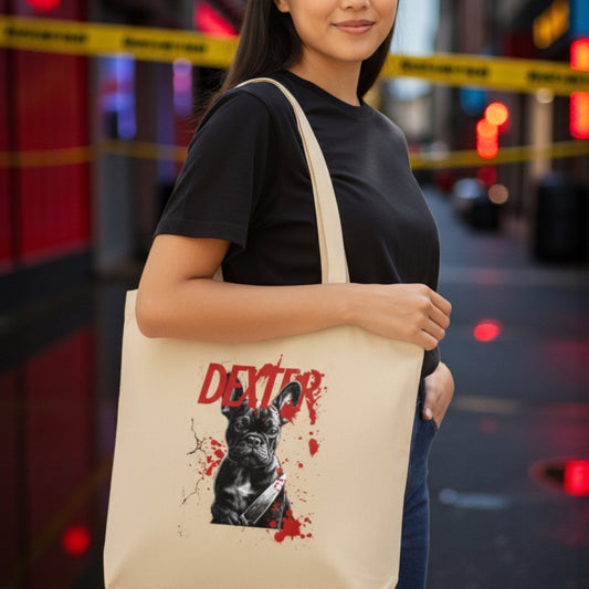 Dexter French Bulldog Organic Cotton Tote Bag | Funny Dark Humor Dog Lover Gift | Reusable Eco Shopping Bag | Frenchie Mom Halloween Tote