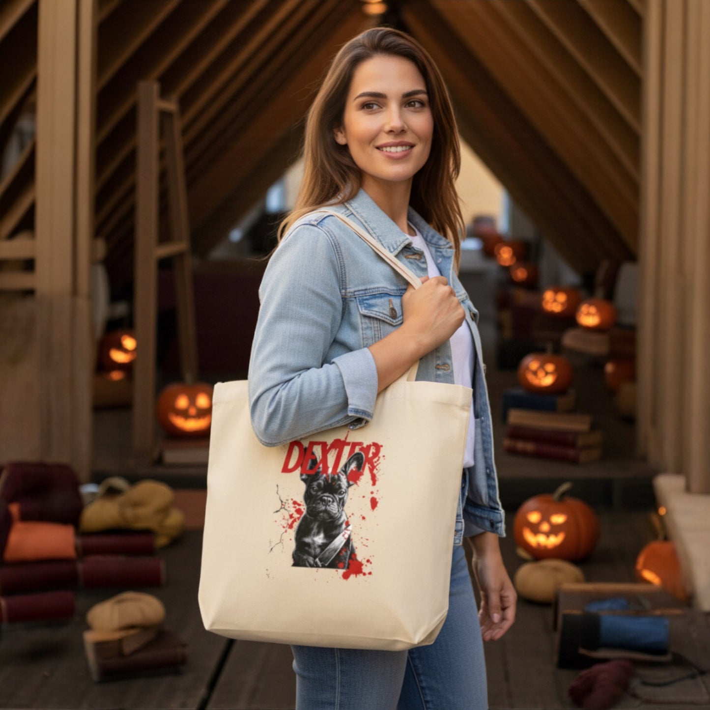 Dexter French Bulldog Organic Cotton Tote Bag | Funny Dark Humor Dog Lover Gift | Reusable Eco Shopping Bag | Frenchie Mom Halloween Tote