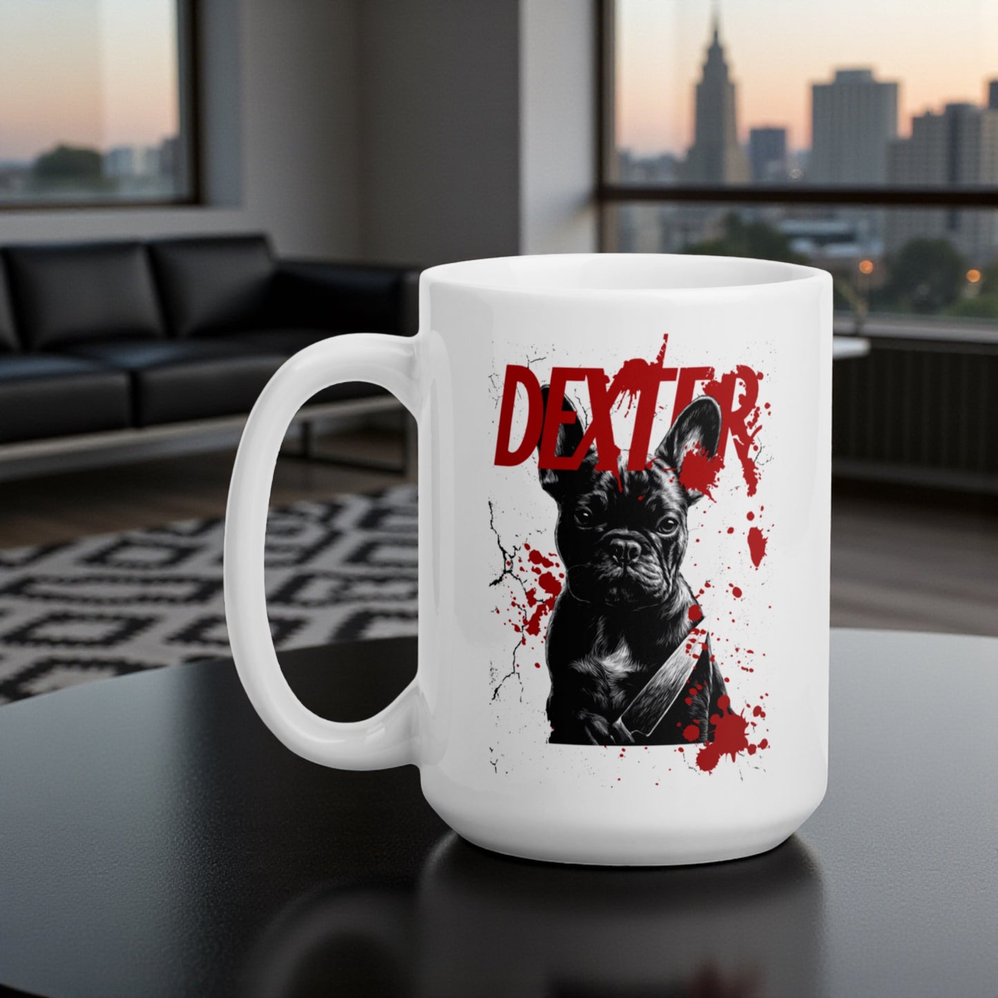 Dexter French Bulldog Mug | Funny Dark Humor Dog Lover Gift | Frenchie Mom or Dad Coffee Cup | True Crime Pet Collection | Killer Cute Mug