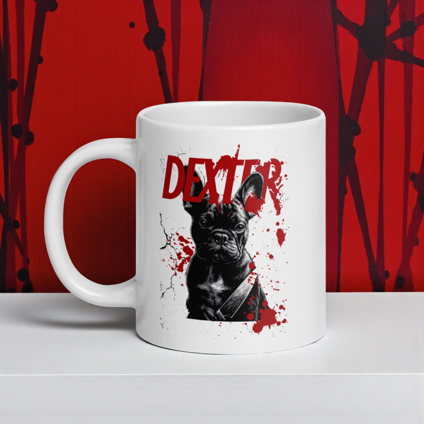 Dexter French Bulldog Mug | Funny Dark Humor Dog Lover Gift | Frenchie Mom or Dad Coffee Cup | True Crime Pet Collection | Killer Cute Mug