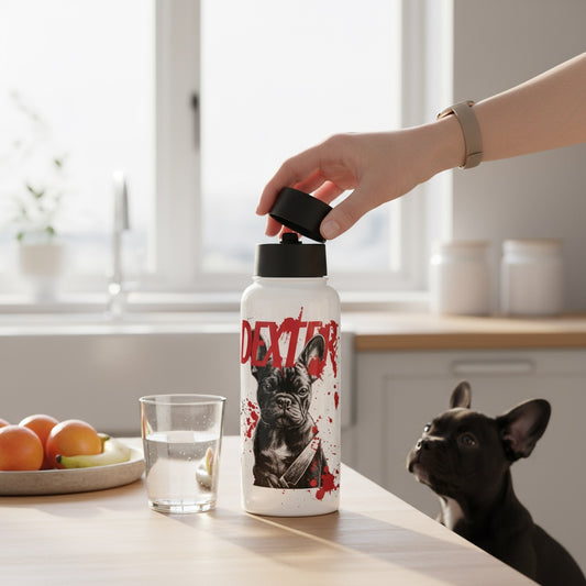 Dexter French Bulldog Stainless Steel Water Bottle | Funny Dark Humor Dog Lover Gift | 32 oz Vacuum Insulated Flask with Straw | Frenchie Mom or Dad Hydration Bottle