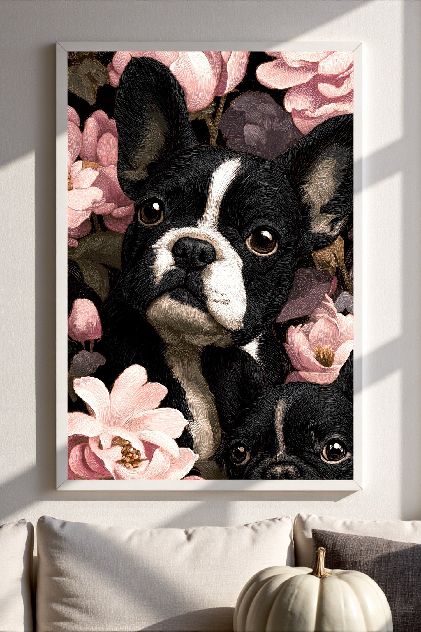 French Bulldog Floral Canvas | Elegant Frenchie Wall Art 18″×26″ | Dog Lover Gift | Frenchie Mom Home Decor | Aesthetic Pet Portrait Canvas Print