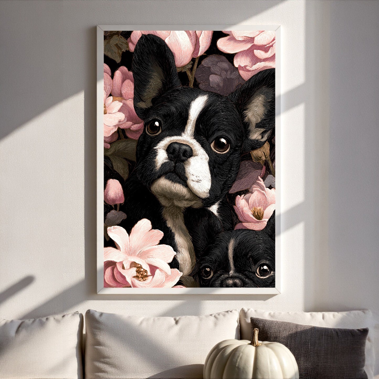 French Bulldog Floral Canvas | Elegant Frenchie Wall Art 18″×26″ | Dog Lover Gift | Frenchie Mom Home Decor | Aesthetic Pet Portrait Canvas Print
