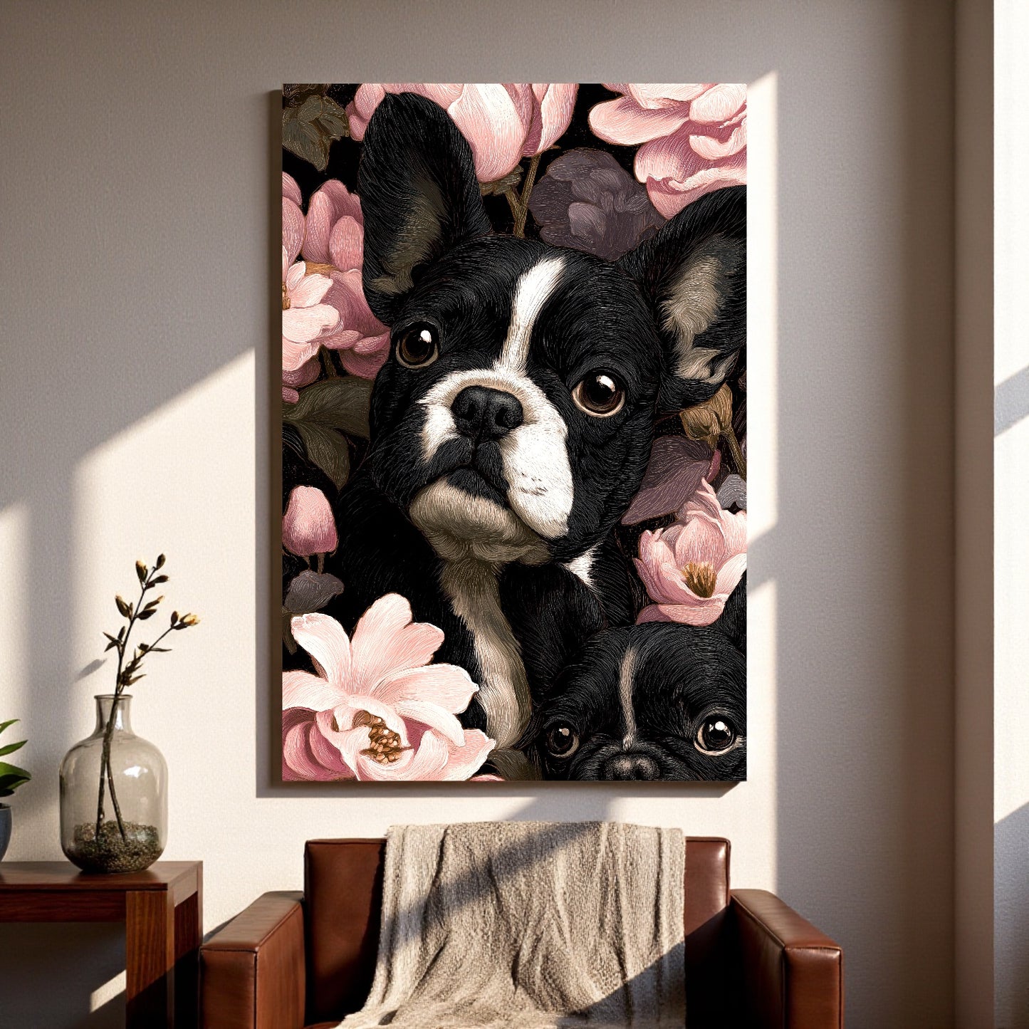 French Bulldog Floral Canvas | Elegant Frenchie Wall Art 18″×26″ | Dog Lover Gift | Frenchie Mom Home Decor | Aesthetic Pet Portrait Canvas Print