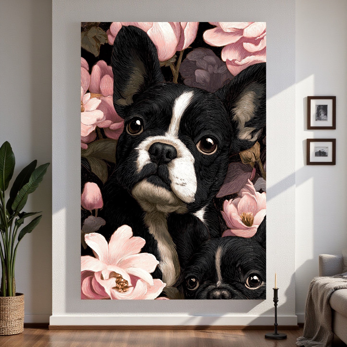 French Bulldog Floral Canvas | Elegant Frenchie Wall Art 18″×26″ | Dog Lover Gift | Frenchie Mom Home Decor | Aesthetic Pet Portrait Canvas Print