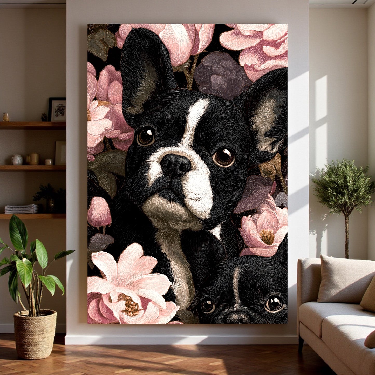 French Bulldog Floral Canvas | Elegant Frenchie Wall Art 18″×26″ | Dog Lover Gift | Frenchie Mom Home Decor | Aesthetic Pet Portrait Canvas Print