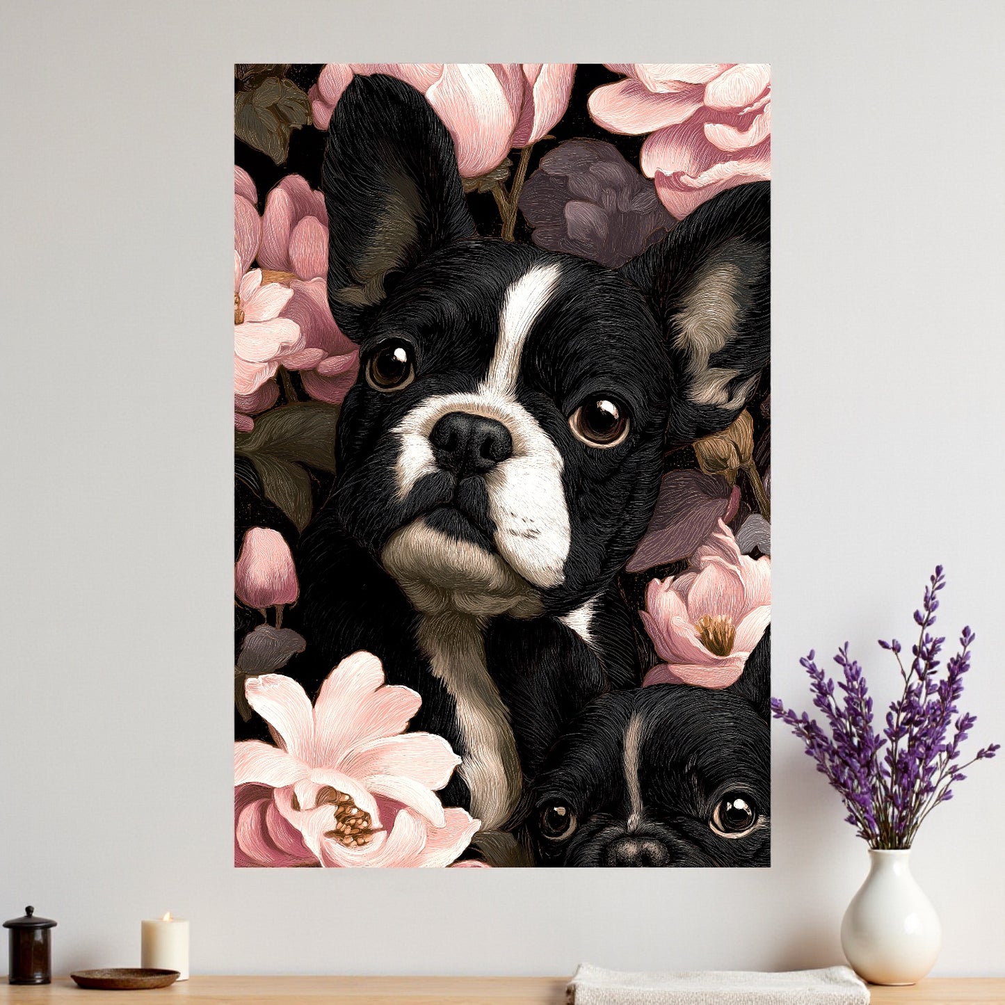 French Bulldog Floral Canvas | Elegant Frenchie Wall Art 18″×26″ | Dog Lover Gift | Frenchie Mom Home Decor | Aesthetic Pet Portrait Canvas Print