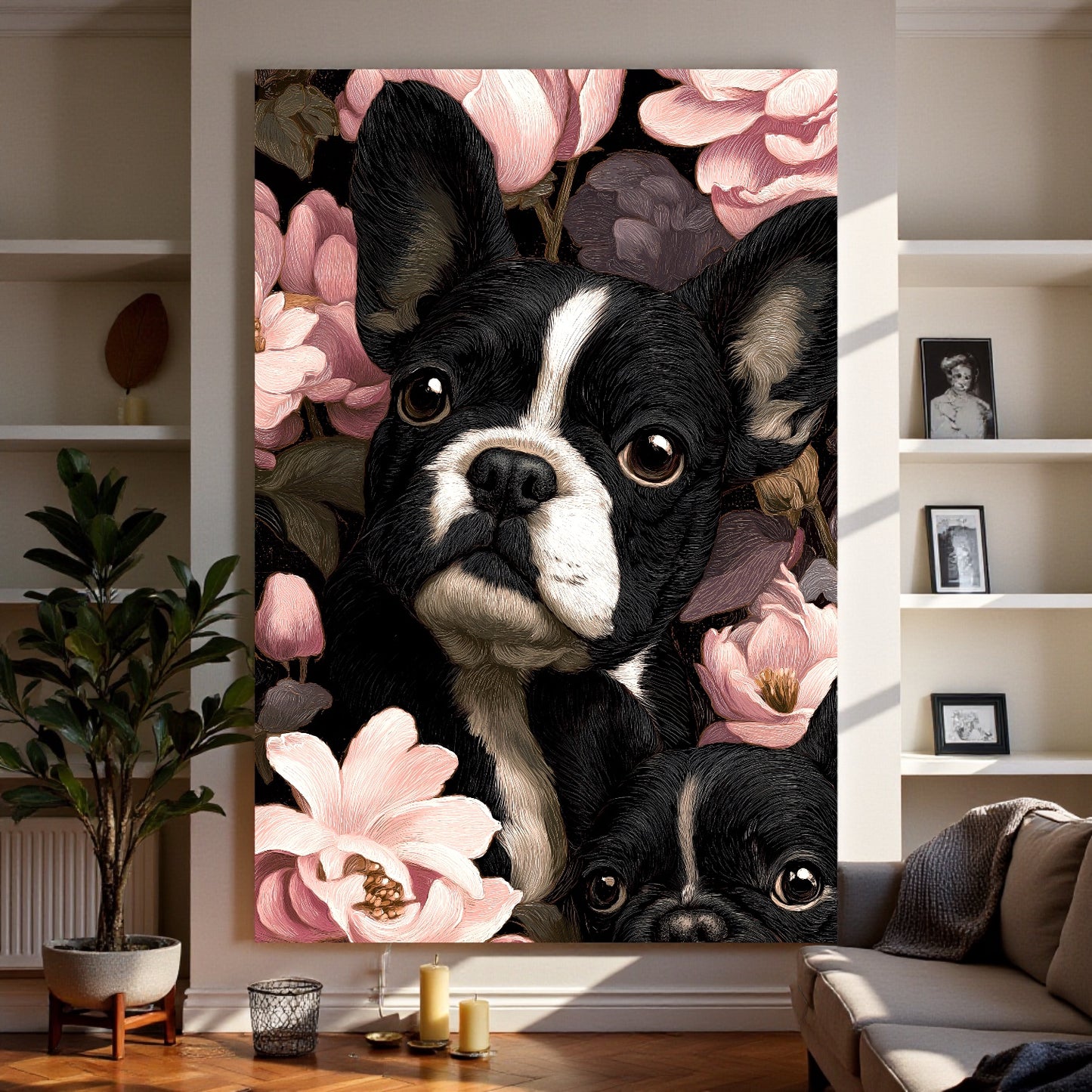 French Bulldog Floral Canvas | Elegant Frenchie Wall Art 18″×26″ | Dog Lover Gift | Frenchie Mom Home Decor | Aesthetic Pet Portrait Canvas Print