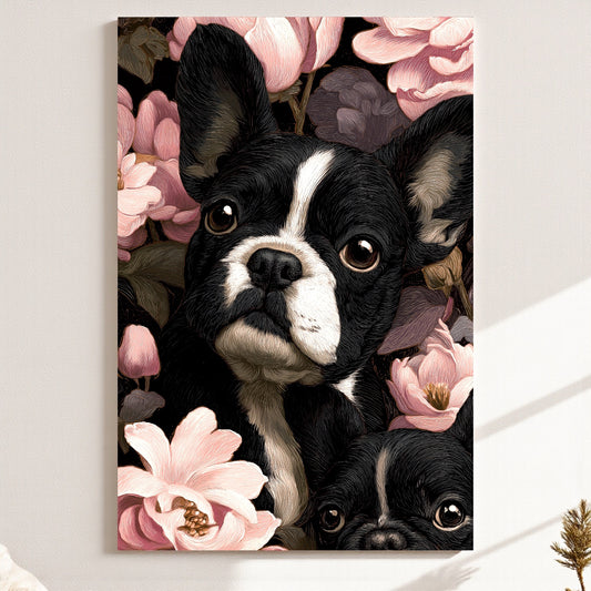 French Bulldog Floral Canvas | Elegant Frenchie Wall Art 18″×26″ | Dog Lover Gift | Frenchie Mom Home Decor | Aesthetic Pet Portrait Canvas Print