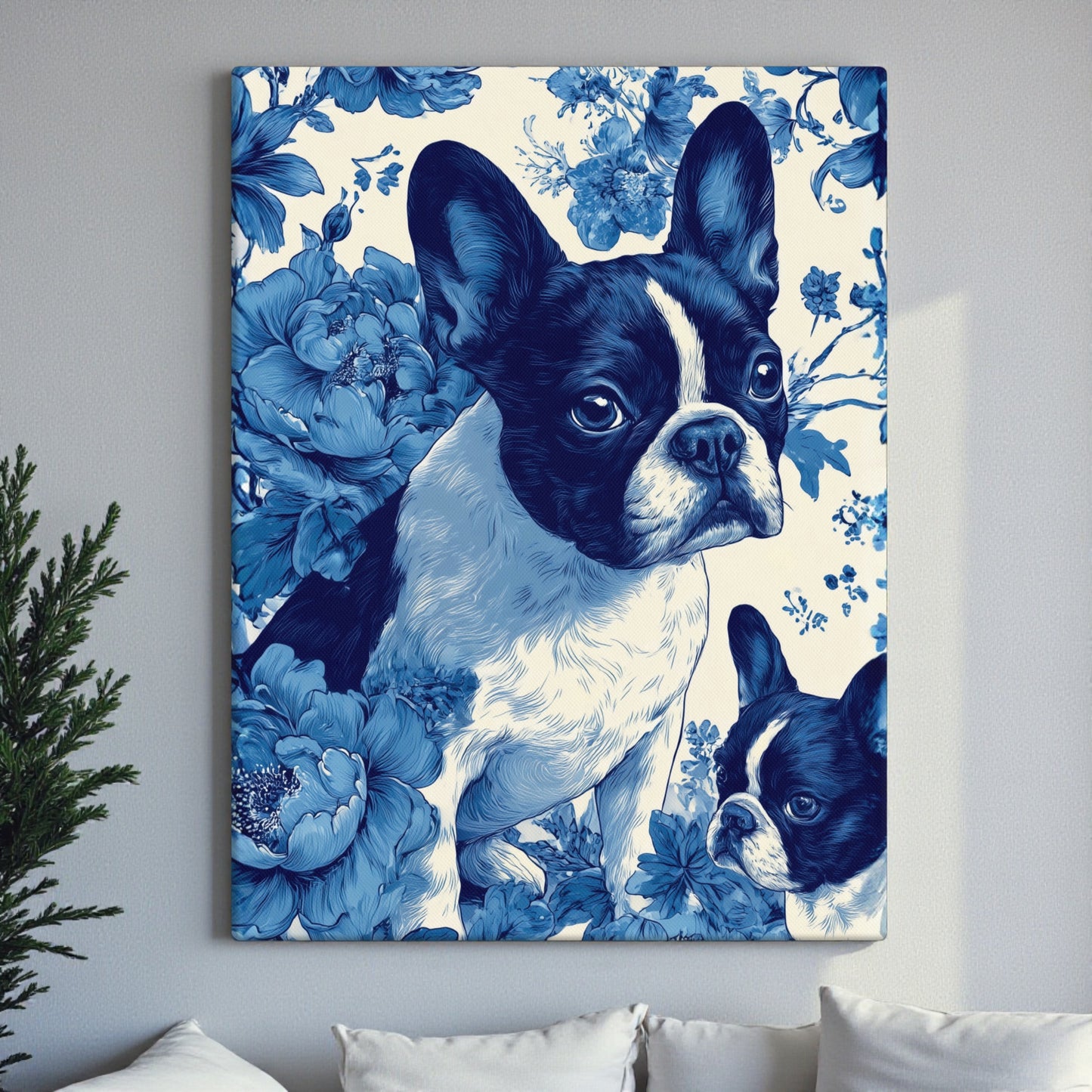 French Bulldog Floral Canvas Wall Art | Elegant Frenchie Dog Lover Gift | Pet Portrait Home Decor | 18x26, 20x30, 24x32, 20x28, 16x24 Canvas Print