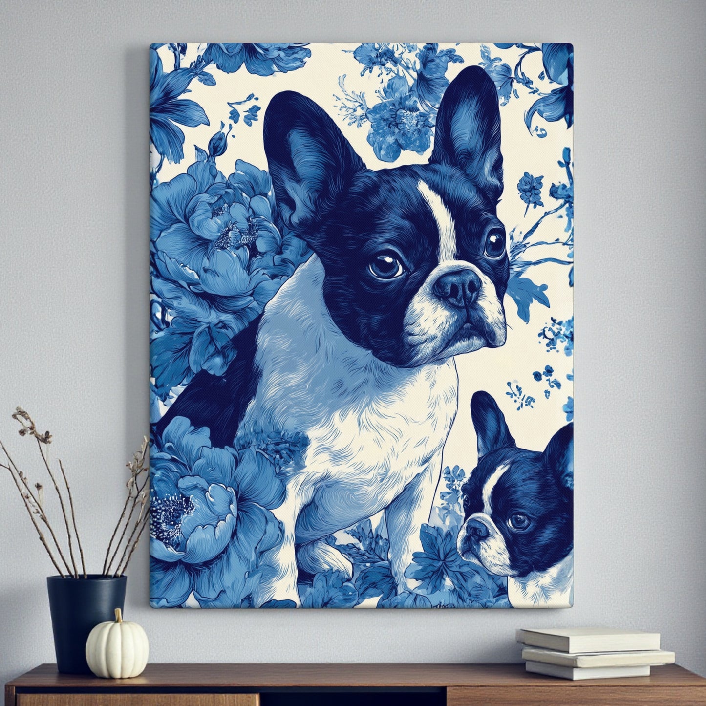 French Bulldog Floral Canvas Wall Art | Elegant Frenchie Dog Lover Gift | Pet Portrait Home Decor | 18x26, 20x30, 24x32, 20x28, 16x24 Canvas Print