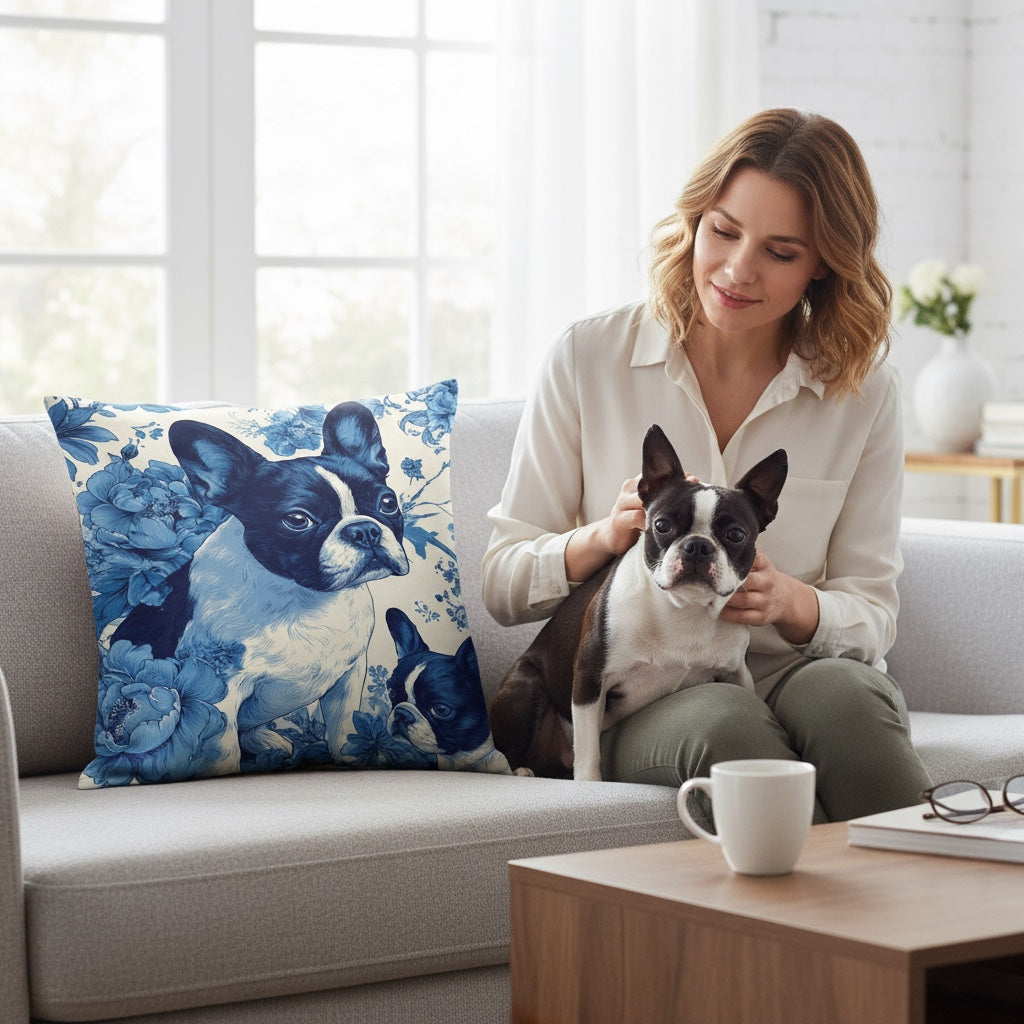 French Bulldog Blue Floral Premium Pillow | Elegant Frenchie Decorative Cushion | Dog Lover Home Decor | All-Over Print Throw Pillow 18x18, 22x22