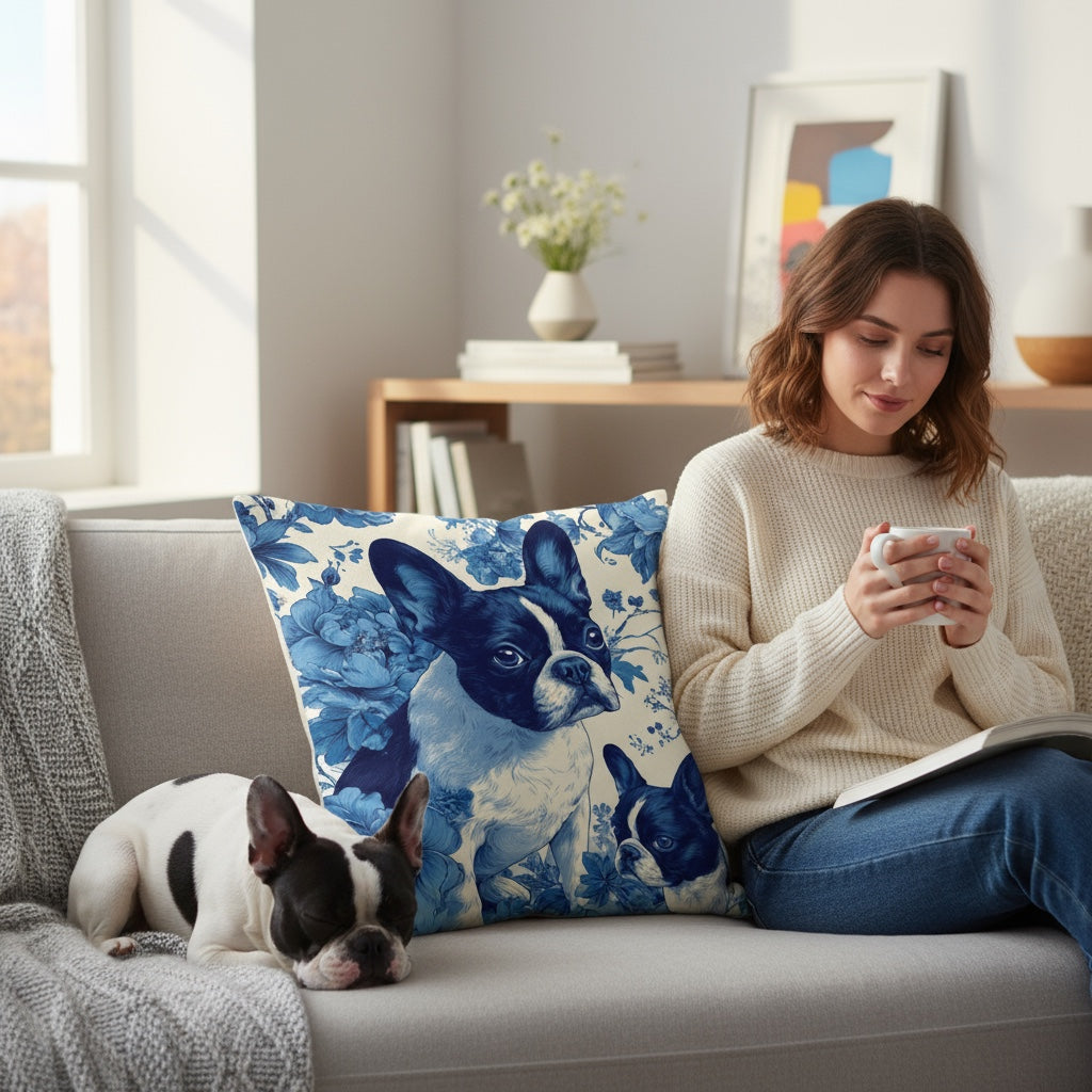 French Bulldog Blue Floral Premium Pillow | Elegant Frenchie Decorative Cushion | Dog Lover Home Decor | All-Over Print Throw Pillow 18x18, 22x22