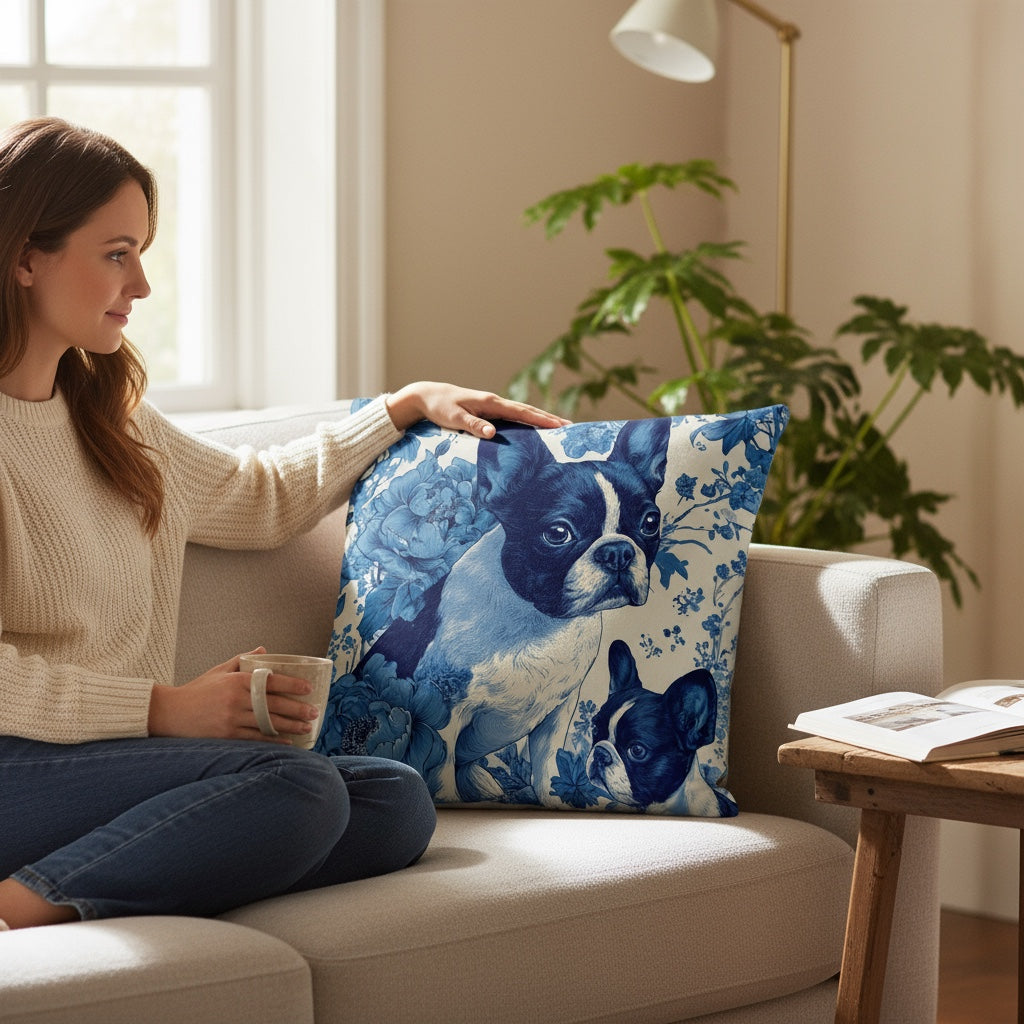French Bulldog Blue Floral Premium Pillow | Elegant Frenchie Decorative Cushion | Dog Lover Home Decor | All-Over Print Throw Pillow 18x18, 22x22