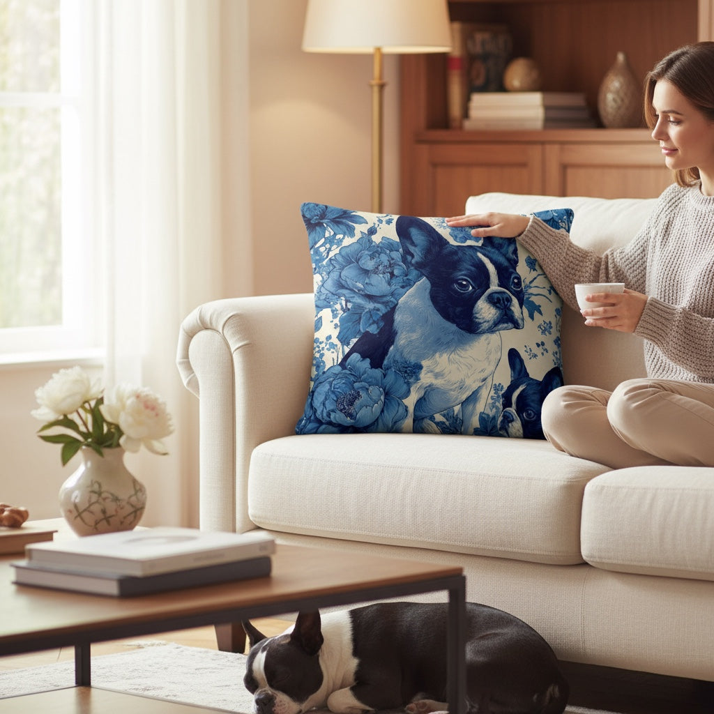 French Bulldog Blue Floral Premium Pillow | Elegant Frenchie Decorative Cushion | Dog Lover Home Decor | All-Over Print Throw Pillow 18x18, 22x22