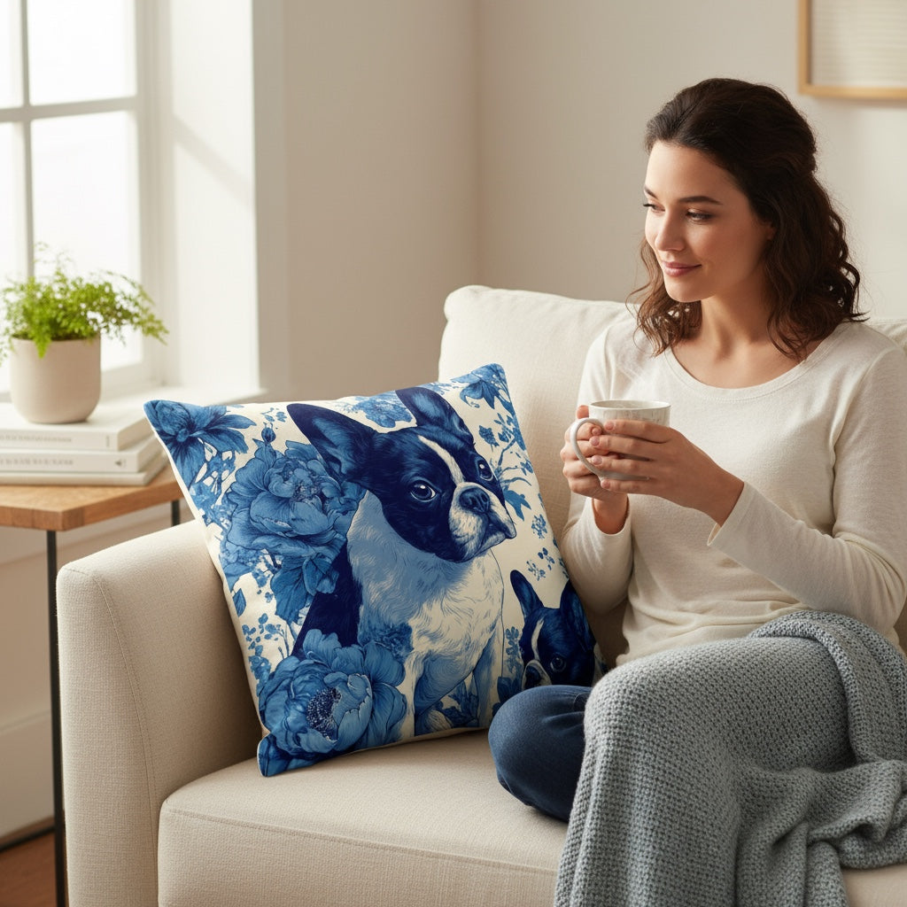 French Bulldog Blue Floral Premium Pillow | Elegant Frenchie Decorative Cushion | Dog Lover Home Decor | All-Over Print Throw Pillow 18x18, 22x22
