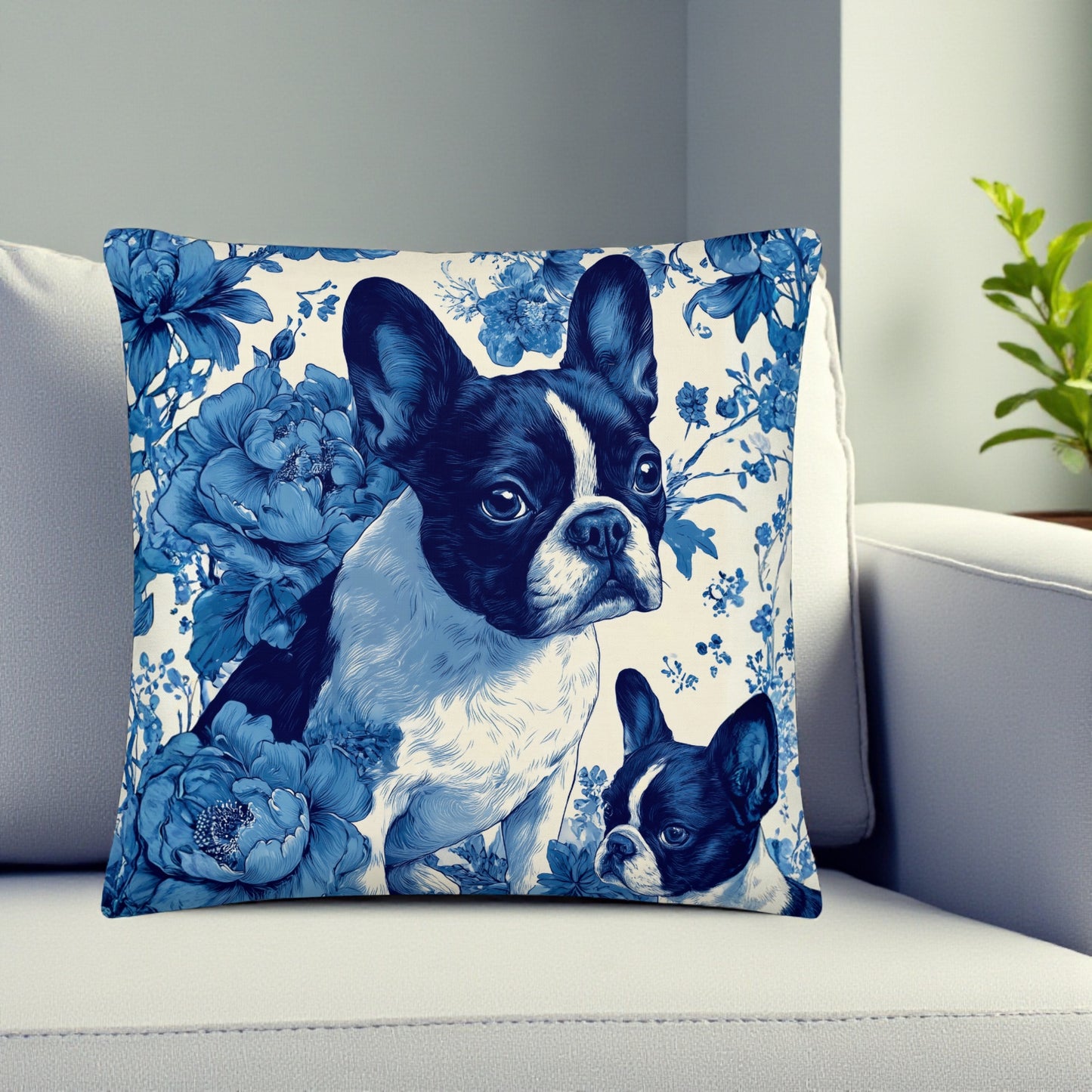 French Bulldog Blue Floral Premium Pillow | Elegant Frenchie Decorative Cushion | Dog Lover Home Decor | All-Over Print Throw Pillow 18x18, 22x22
