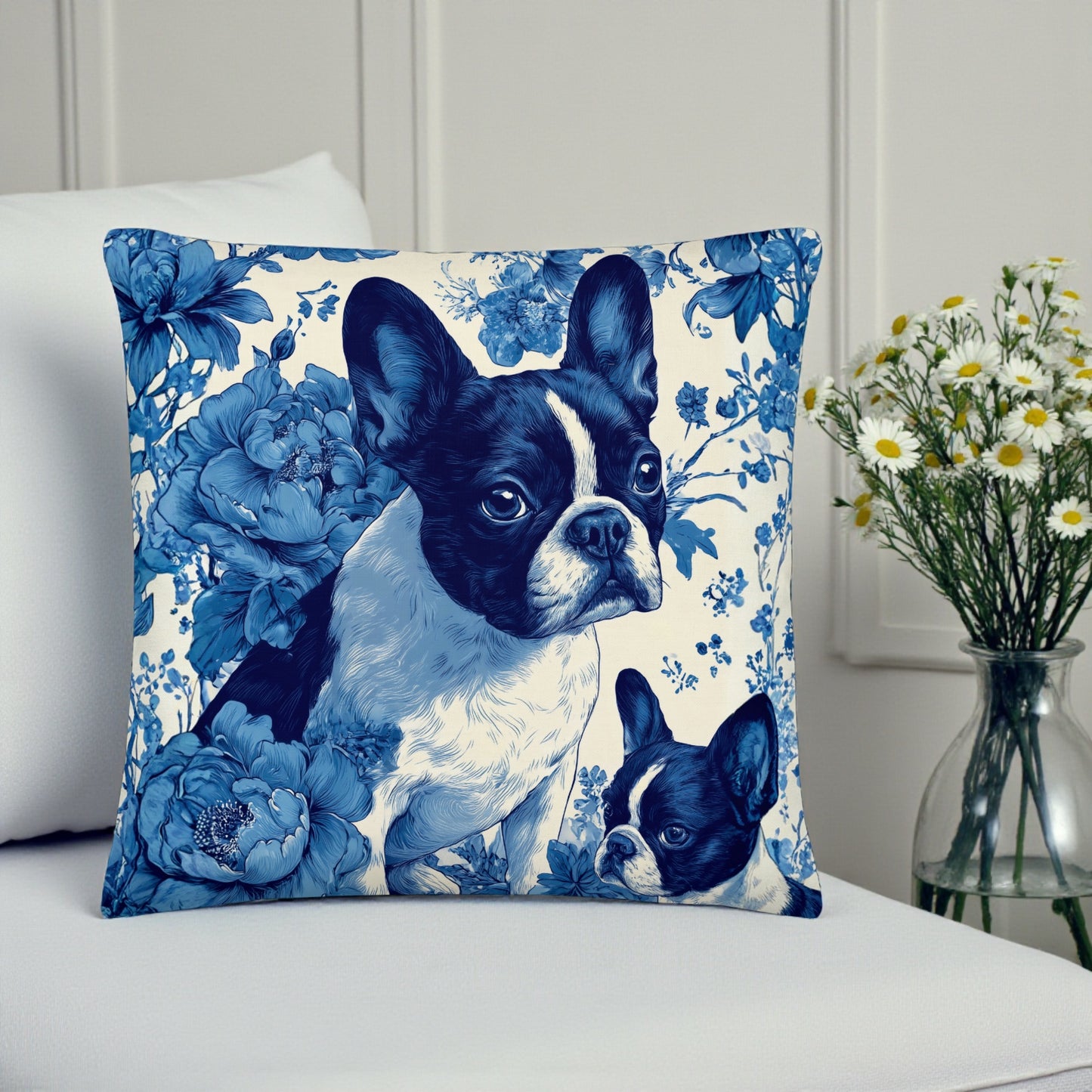 French Bulldog Blue Floral Premium Pillow | Elegant Frenchie Decorative Cushion | Dog Lover Home Decor | All-Over Print Throw Pillow 18x18, 22x22