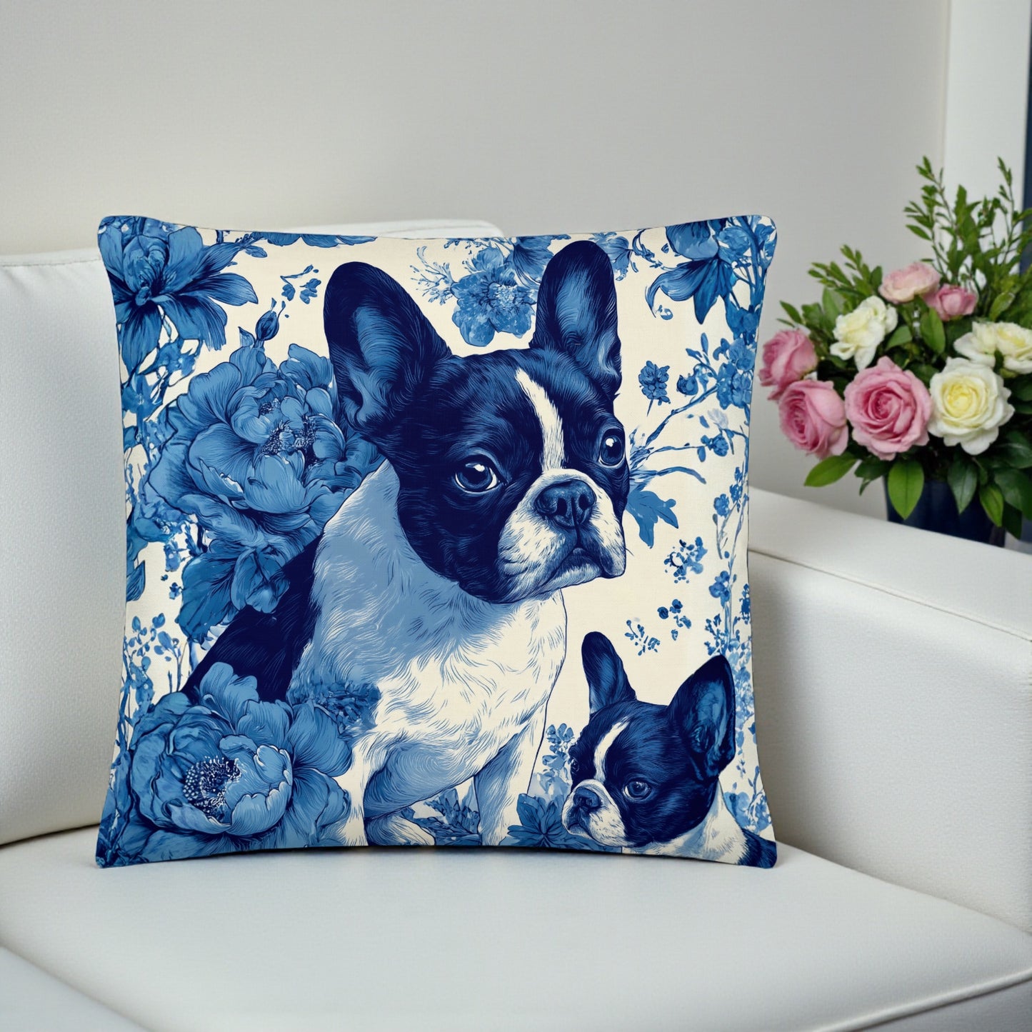 French Bulldog Blue Floral Premium Pillow | Elegant Frenchie Decorative Cushion | Dog Lover Home Decor | All-Over Print Throw Pillow 18x18, 22x22