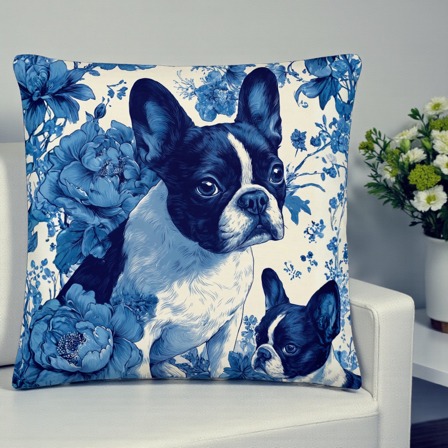 French Bulldog Blue Floral Premium Pillow | Elegant Frenchie Decorative Cushion | Dog Lover Home Decor | All-Over Print Throw Pillow 18x18, 22x22