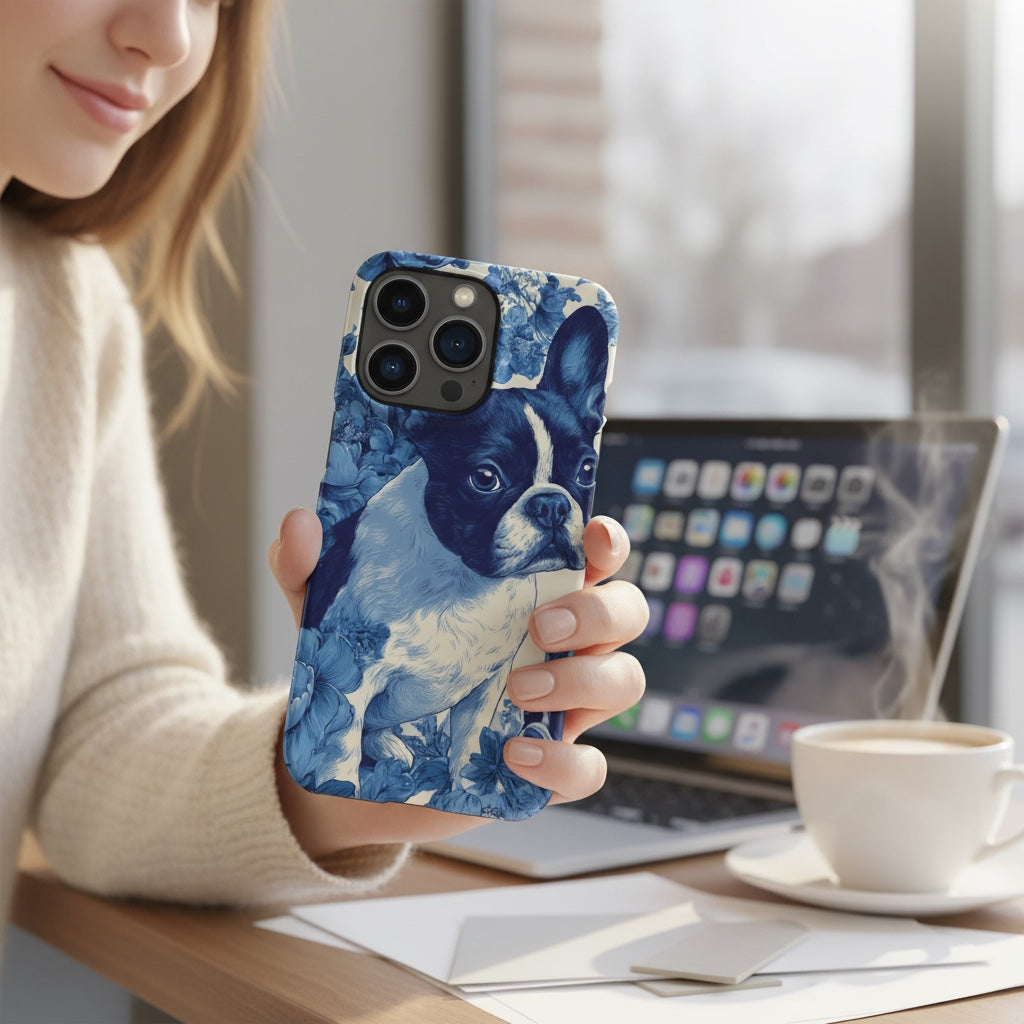 French Bulldog Blue Floral iPhone® Case | Elegant Frenchie Phone Cover | Protective Snap Case for Dog Lovers | Aesthetic Pet Art Accessory