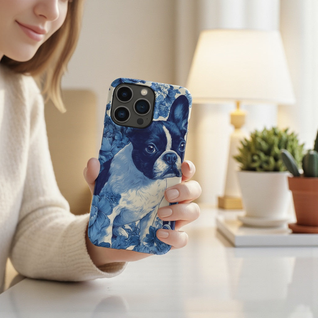 French Bulldog Blue Floral iPhone® Case | Elegant Frenchie Phone Cover | Protective Snap Case for Dog Lovers | Aesthetic Pet Art Accessory