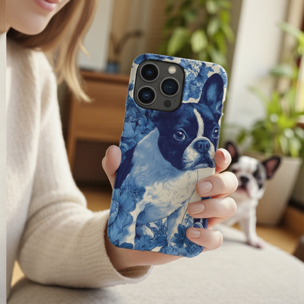 French Bulldog Blue Floral iPhone® Case | Elegant Frenchie Phone Cover | Protective Snap Case for Dog Lovers | Aesthetic Pet Art Accessory