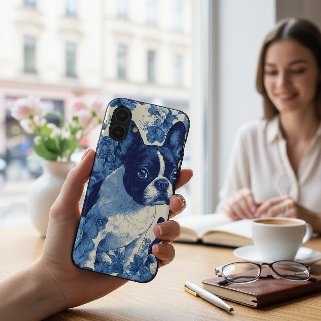 French Bulldog Blue Floral iPhone® Case | Elegant Frenchie Phone Cover | Protective Snap Case for Dog Lovers | Aesthetic Pet Art Accessory