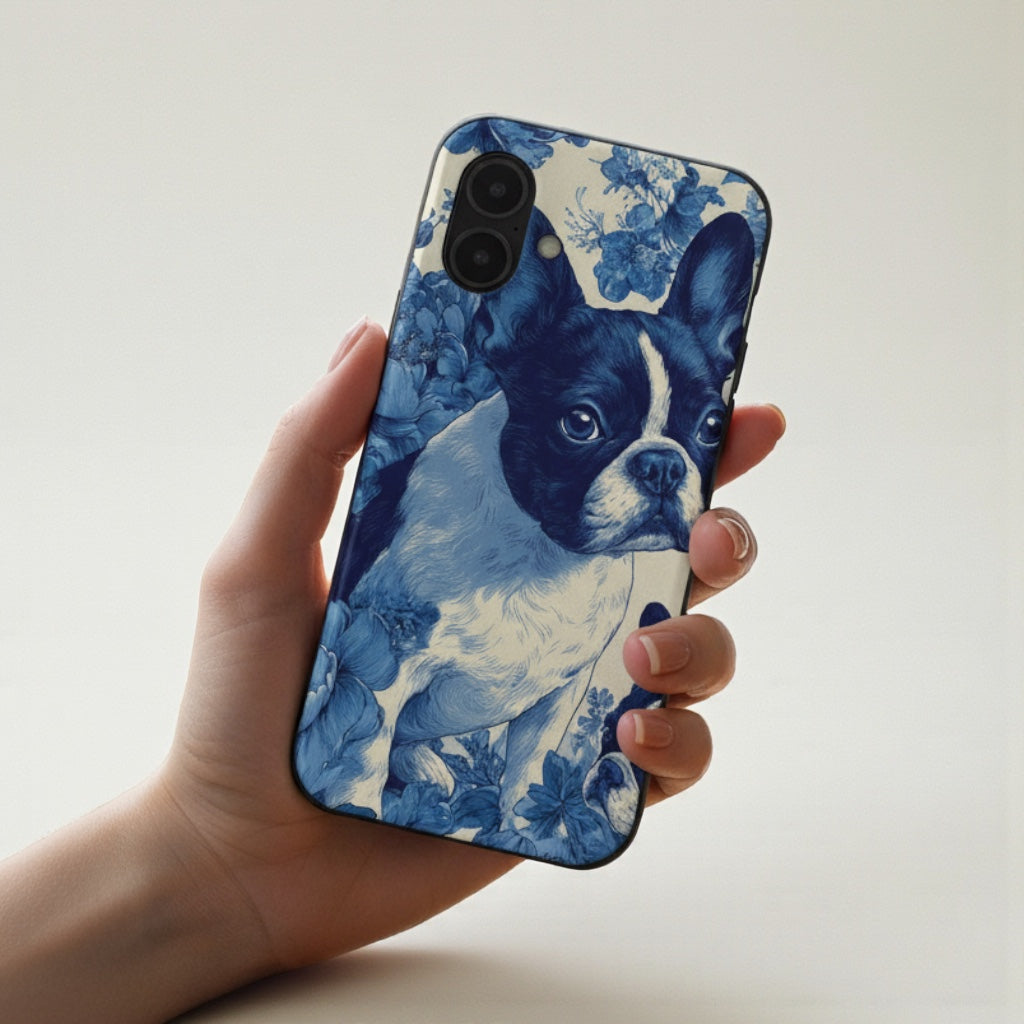 French Bulldog Blue Floral iPhone® Case | Elegant Frenchie Phone Cover | Protective Snap Case for Dog Lovers | Aesthetic Pet Art Accessory