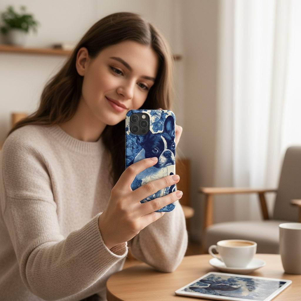 French Bulldog Blue Floral iPhone® Case | Elegant Frenchie Phone Cover | Protective Snap Case for Dog Lovers | Aesthetic Pet Art Accessory