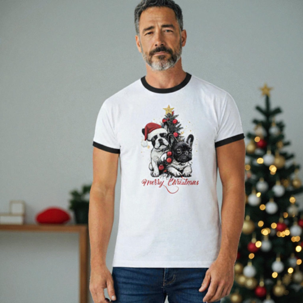 Frenchie Christmas Ringer T-Shirt | Unisex Retro Holiday Shirt | French Bulldog Merry Christmas Tee | Dog Lover Gift