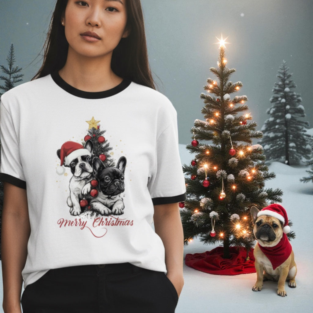 Frenchie Christmas Ringer T-Shirt | Unisex Retro Holiday Shirt | French Bulldog Merry Christmas Tee | Dog Lover Gift