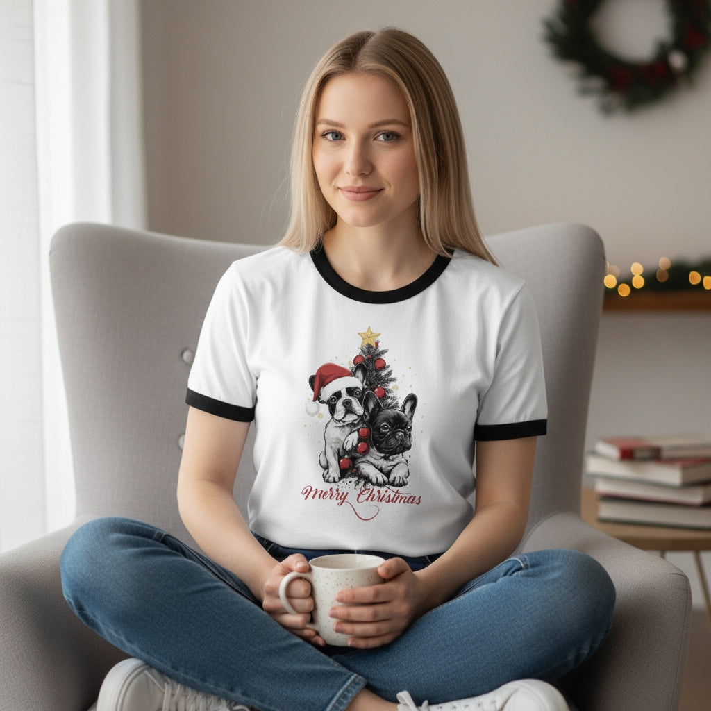 Frenchie Christmas Ringer T-Shirt | Unisex Retro Holiday Shirt | French Bulldog Merry Christmas Tee | Dog Lover Gift