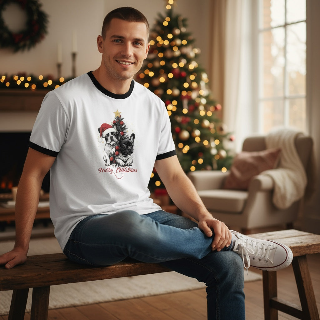 Frenchie Christmas Ringer T-Shirt | Unisex Retro Holiday Shirt | French Bulldog Merry Christmas Tee | Dog Lover Gift