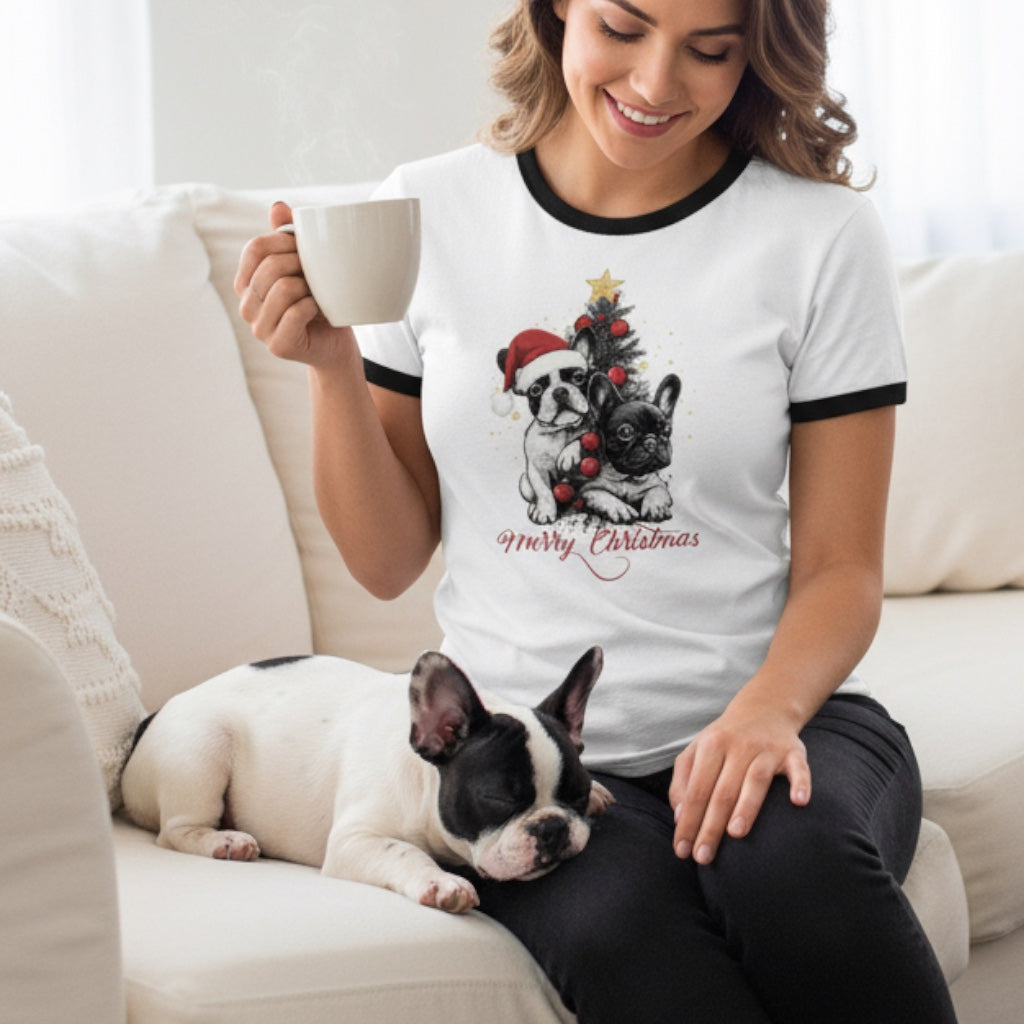 Frenchie Christmas Ringer T-Shirt | Unisex Retro Holiday Shirt | French Bulldog Merry Christmas Tee | Dog Lover Gift
