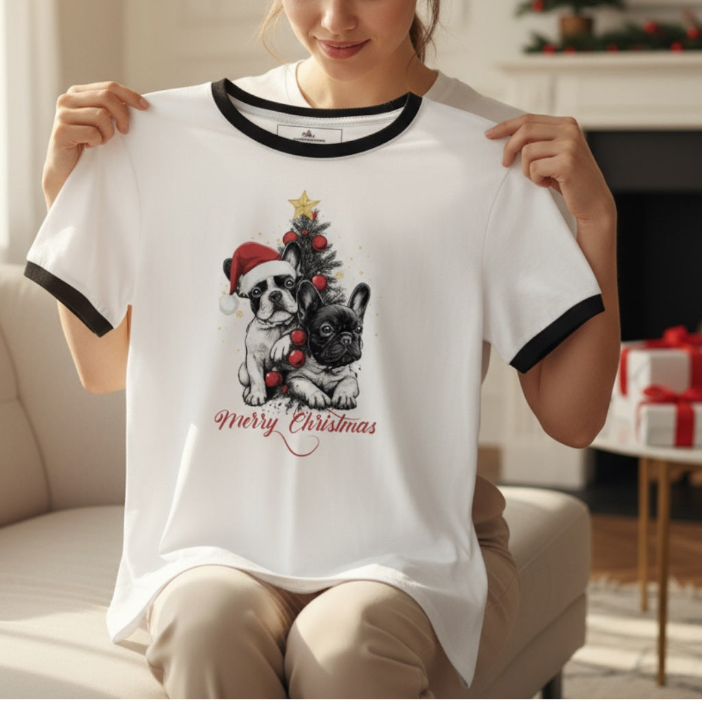 Frenchie Christmas Ringer T-Shirt | Unisex Retro Holiday Shirt | French Bulldog Merry Christmas Tee | Dog Lover Gift